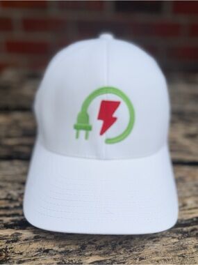 Branded Bills Electrical Green Plug & Red Lightning Logo White Baseball Hat F6